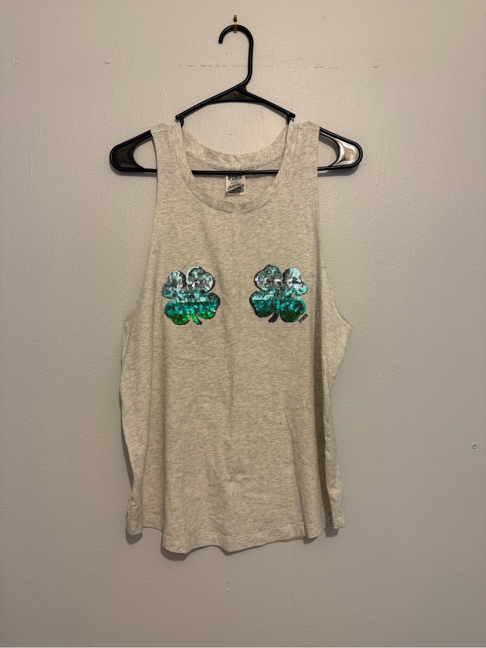 PINK Victoria's Secret Light Gray Tank Top with Green Sequin Shamrocks